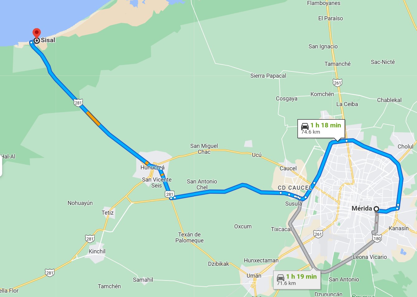 Mapa de ruta hacia Sisal por Tetiz y Hunucmá