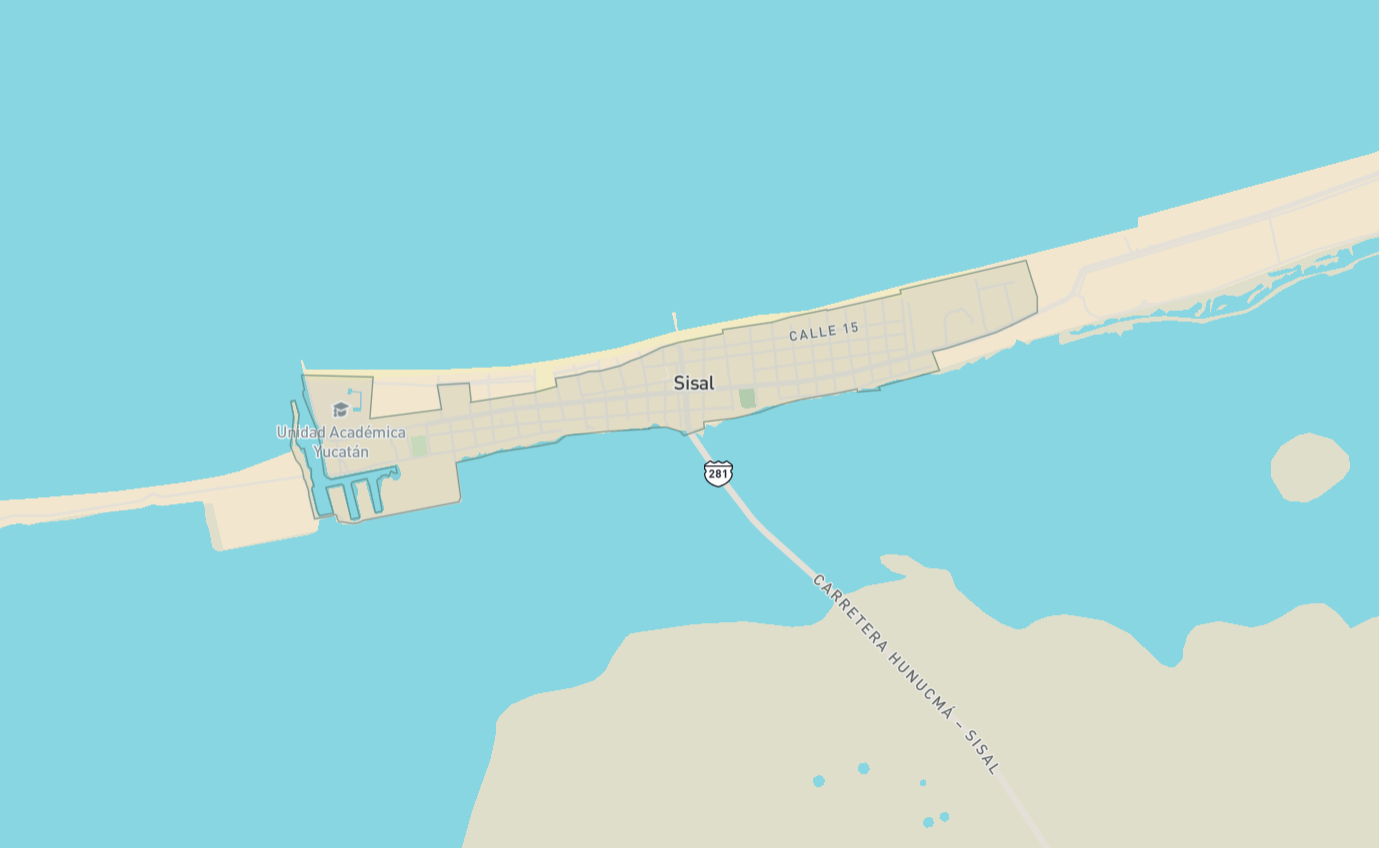 Mapa actual de Sisal con el puerto de abrigo, el núcleo urbano y la costa